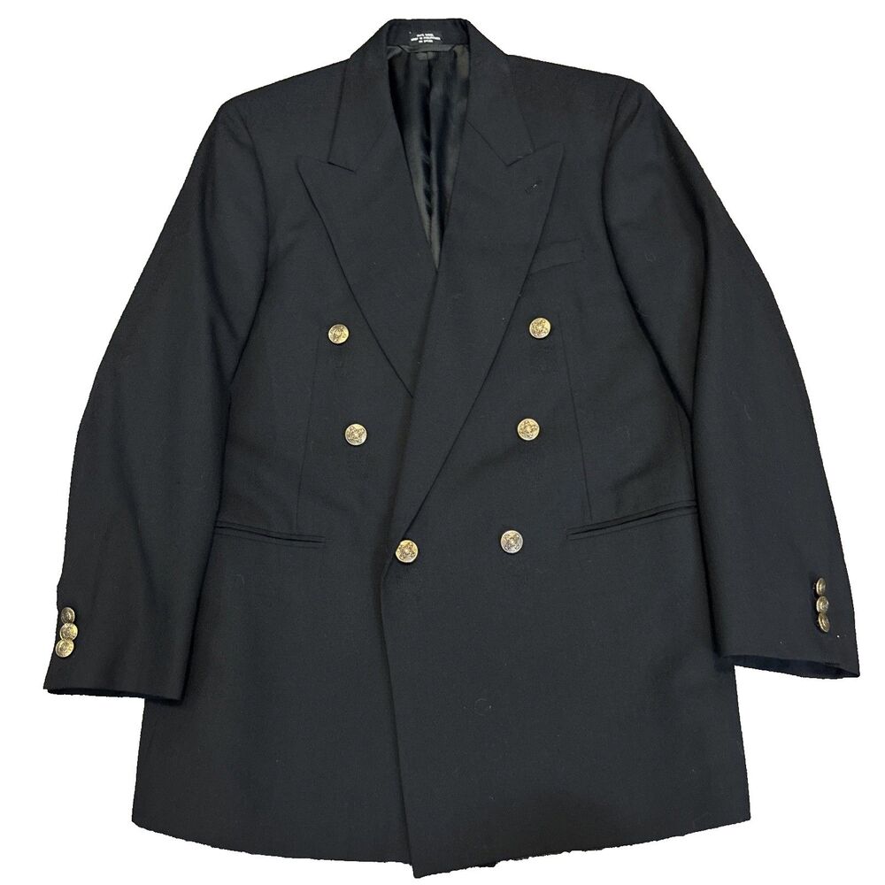 HARDY AMIES DOUBLE BREASTED BLAZER 39R VINTAGE 80s NAVY GOLD BUTTONS JACKET